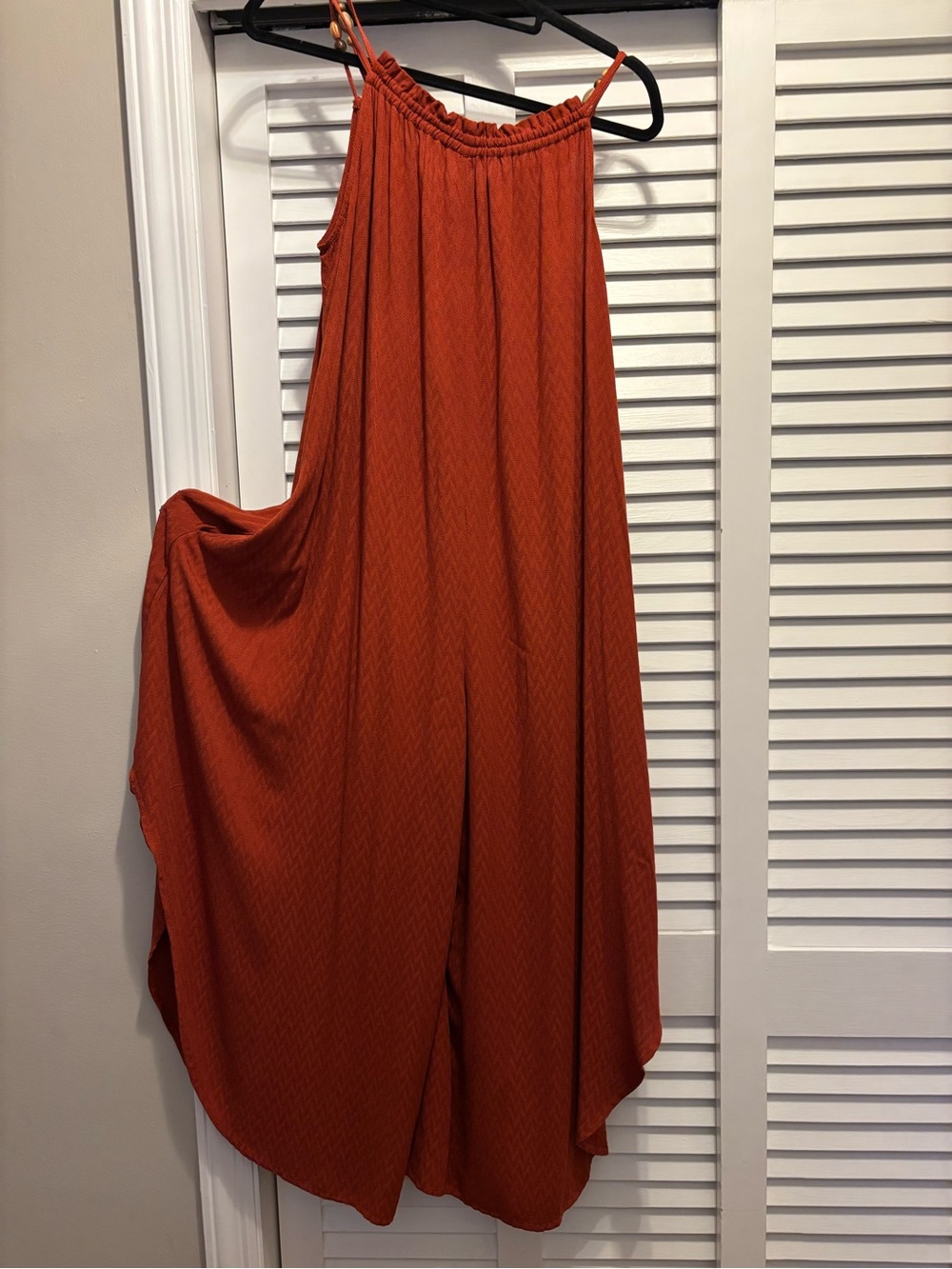 Cato Rust-Orange Halter Wide-Leg Jumpsuit with crochet & lace long vest